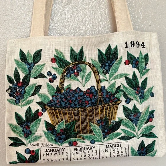 Hand Crafted Canvas Tote with Blueberry and Basket Design - Picture 3 of 6